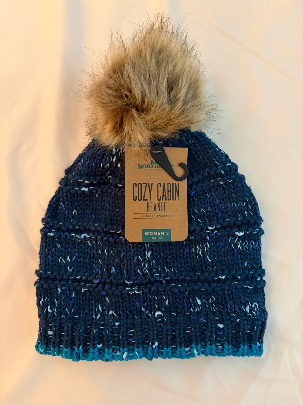 Cozy Cabin Women's Navy Knit Pom Beanie with Tan Faux Fur